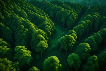 Fototapeten A captivating view of a forest filled with green trees, the high-definition camera highlighting the verdant canopy and tranquil surroundings in mesmerizing © Fajar