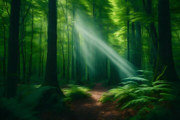 Fototapeta na wymiar A mesmerizing forest scene with towering green trees, captured by an HD camera, the lush canopy and serene atmosphere presented in realistic