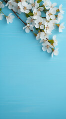 Spring white flowers  on pastel blue wooden background.Minimal nature and Trendy social mockup or wallpaper concept.Flat lay,top view,copy space.Generative Ai
