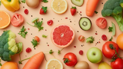 Organic fruits and vegetables and healthy vegetarian ingredients on a beige background. healthy food eating clean food Diet and detox environmentally friendly No plastic concept, lays flat. - obrazy, fototapety, plakaty