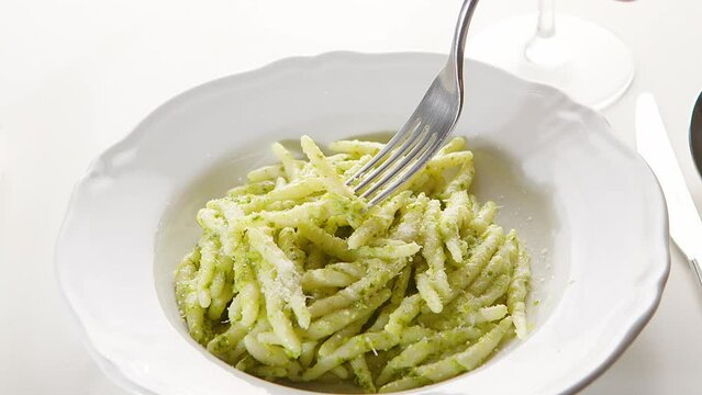 Trofie fresh homemade pasta pesto tipical Italian gourmet food Liguria