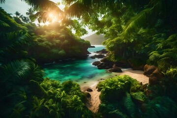 A paradisiacal beachside scene featuring vibrant greenery and sunlight, beautifully captured by an HD camera in stunning
