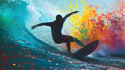 Immerse in the precision of SURFING with a neon digital painting capturing the dynamic movement and wave mastery of this Olympic water sport.