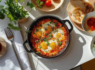 A black cast iron casserole dish with a delicious, traditional Middle Eastern Shakshuka breakfast with eggs on a white clean minimalist tabletop, photo taken from above.