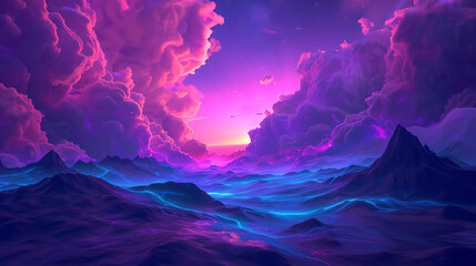 A vivid 3D landscape features neon clouds swirling in a fantastical sky, creating a dreamy and mesmerizing scene