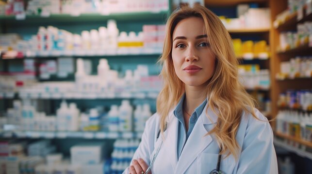 Female pharmacist talks about medical products in the pharmacy