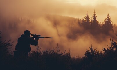 Hunter in holding rifle and shooting at evening forest.