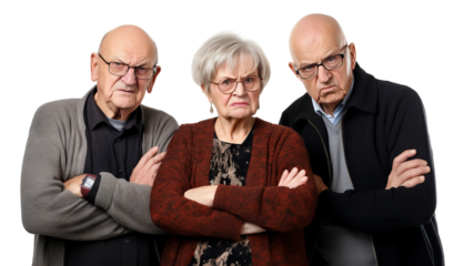 Group of elderly individuals stand with arms crossed and stern faces, showcasing their collective dissatisfaction, cut out