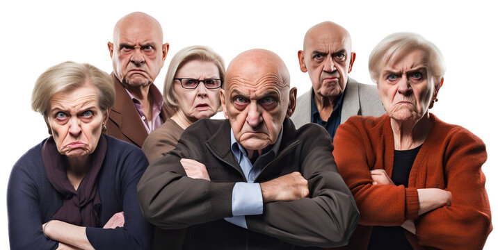 Group of elderly individuals stand with arms crossed and stern faces, showcasing their collective dissatisfaction, cut out