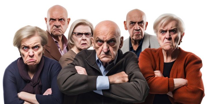 Group of elderly individuals stand with arms crossed and stern faces, showcasing their collective dissatisfaction, cut out