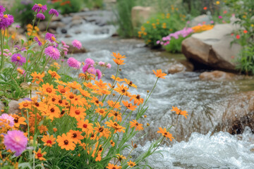 Riverside Flowers and Flowing Water Composing a Symphony, Weaving the Rich Charm of Water and Blooms.