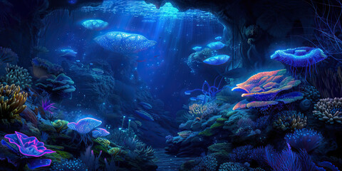 Fototapeta na wymiar Bioluminescent Fantasy: An Imaginary Underwater Scene Featuring Glowing Sea Creatures and Vibrant Coral Reefs in Deep Ocean Waters