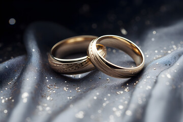 Obraz na płótnie Canvas Golden wedding rings symbolizing love and marriage,two wedding rings are together on a glittering surface ,Generative Ai
