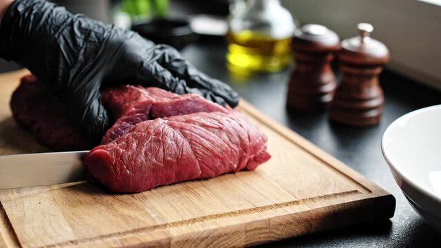 Slicing raw meat on a wooden cutting board in the kitchen. Raw beef meat, cooking process, stock video footage 4k.