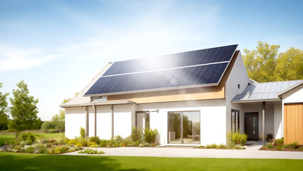 House with a photovoltaic system on the roof. Modern eco friendly passive house with landscaped...