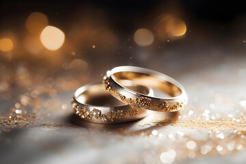 Obraz na płótnie Canvas Golden wedding rings symbolizing love and marriage,two wedding rings are together on a glittering surface ,Generative Ai
