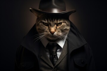 Funny mafia cat in black suit and have a cool hat