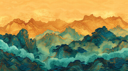 Chinese style ancient style national trend landscape background illustration, national trend style green landscape illustration