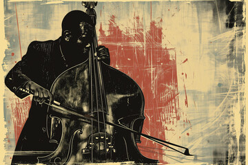 Afro-American male double bass musician playing music in an abstract vintage distressed style painting for a poster or flyer, stock illustration image