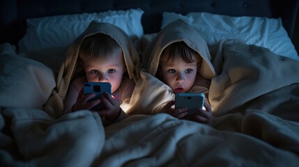 Fototapeta na wymiar Two children hiding under a blanket talking and surfing the internet with smartphones late at night in bed.