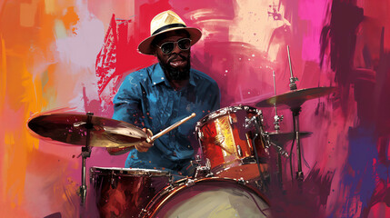 Afro-American male jazz drummer musician playing a drum kit in an abstract vintage distressed style painting for a poster or flyer, stock illustration image - obrazy, fototapety, plakaty
