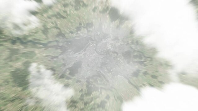 Earth zoom in from space to Bern, Switzerland. Followed by zoom out through clouds and atmosphere into space. Satellite view. Travel intro. Images from NASA