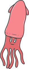 Cartoon cheerful pink squid with a smiling face and tentacles