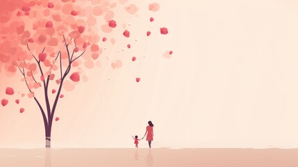Silhouette of a Mother and her child walking near tree with heart. Mother's day background.