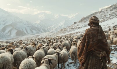 large flock of cashmere sheep in himalaya mountains
