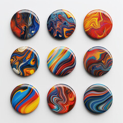 A set of 3D rounded stickers, meticulously rendered for a lifelike appearance