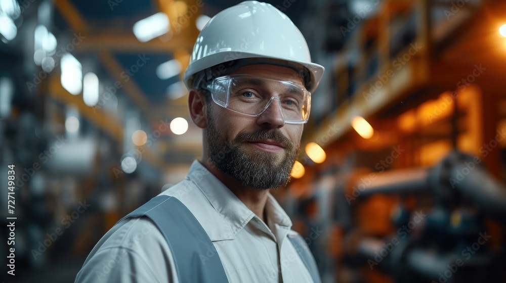 Poster professional mechanical engineering working at metal factory. generative ai.