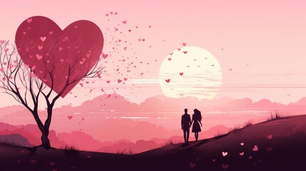 Romantic Valentine's day background with silhouette of a couple near tree with hearts during sunset