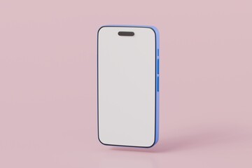 3D Minimal blue mobile phone or smart phone with empty screen icon. Cartoon smartphone isolated on pink pastel background. Phone device Mockup. 3d minimal cartoon design creative icon. 3D Rendering.