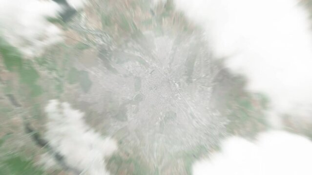 Earth zoom in from space to Chisinau, Moldova. Followed by zoom out through clouds and atmosphere into space. Satellite view. Travel intro. Images from NASA