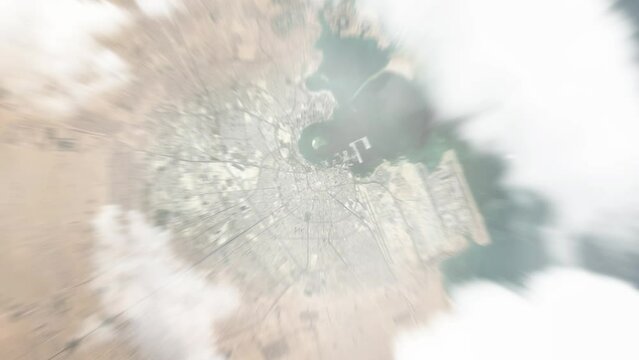 Earth zoom in from space to Doha, Qatar. Followed by zoom out through clouds and atmosphere into space. Satellite view. Travel intro. Images from NASA