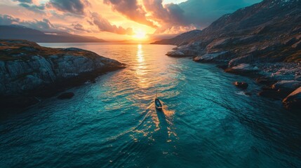 Fjord's coastal beauty, drone's perspective, vibrant sunset hues, serene coastal vista, photorealistic dusk over Norwegian fjords Generative AI - obrazy, fototapety, plakaty