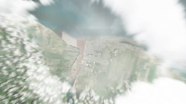 Earth zoom in from space to Georgetown, Guyana. Followed by zoom out through clouds and atmosphere into space. Satellite view. Travel intro. Images from NASA