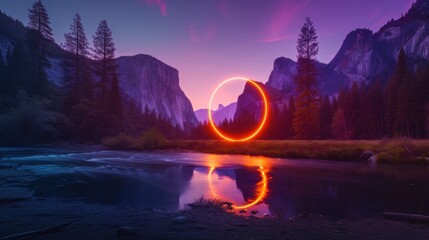 A halo of neon rings shines in a stunning landscape of natural light. - obrazy, fototapety, plakaty