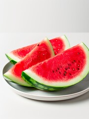 Slices of watermelon on a plate on white background.