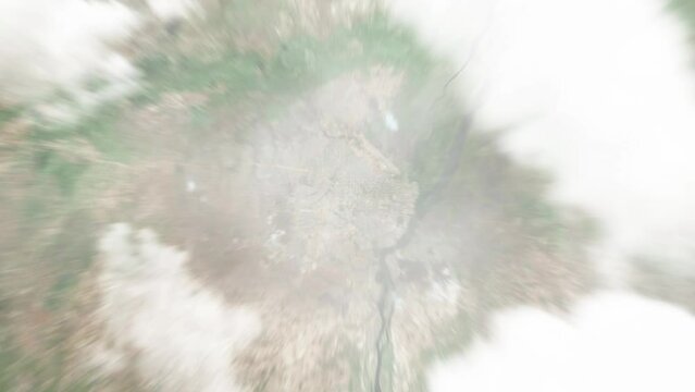 Earth zoom in from space to Juba, South Sudan. Followed by zoom out through clouds and atmosphere into space. Satellite view. Travel intro. Images from NASA
