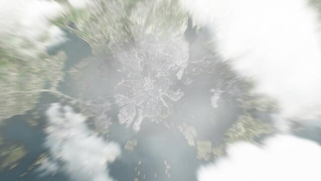 Earth zoom in from space to Helsinki, Finland. Followed by zoom out through clouds and atmosphere into space. Satellite view. Travel intro. Images from NASA