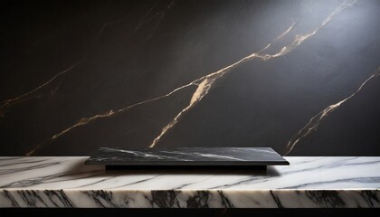 empty table marble black countertop on black wall background high quality photo