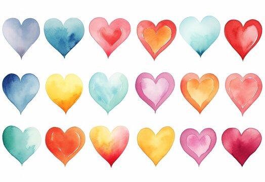 grungy watercolor cartoon hearts set isolated on white background, valentine's day sticker element theme, Generative Ai
