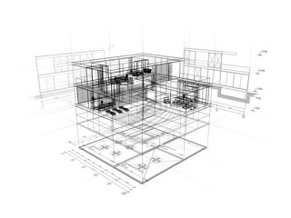 3d blueprint of contemporary house, architectural project of residential building with plans and facade.