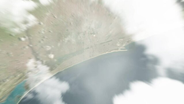 Earth zoom in from space to Lome, Togo. Followed by zoom out through clouds and atmosphere into space. Satellite view. Travel intro. Images from NASA