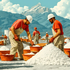 Hispanic workers in a sustainable salt mine in mexico isolated on white background, flat design, png
