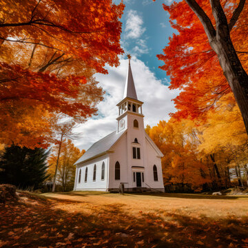 lifestyle photo new england old church surrounded by fall colors.