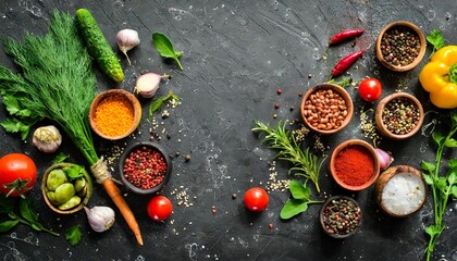 dark cooking banner vegetables and spices on the kitchen table top view free space for your text