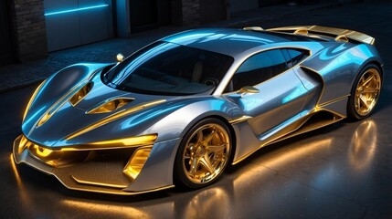 A futuristic beautiful stunning silver car with a golden design illuminated by blue neon lights, ...