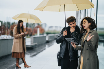 Two people under yellow umbrellas in a cityscape engrossed in a serious business discussion with a tablet, ignoring the rain.